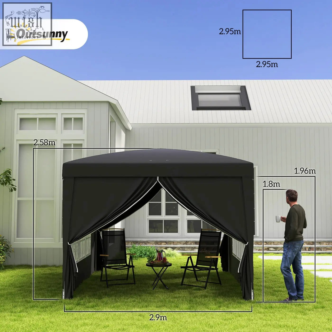 Black outsunny 3 x 3m pop up gazebo with peaked roof and side curtains featuring a powder coated steel frame