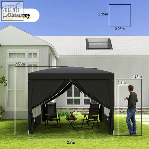 Black outsunny 3 x 3m pop up gazebo with peaked roof and side curtains featuring a powder coated steel frame