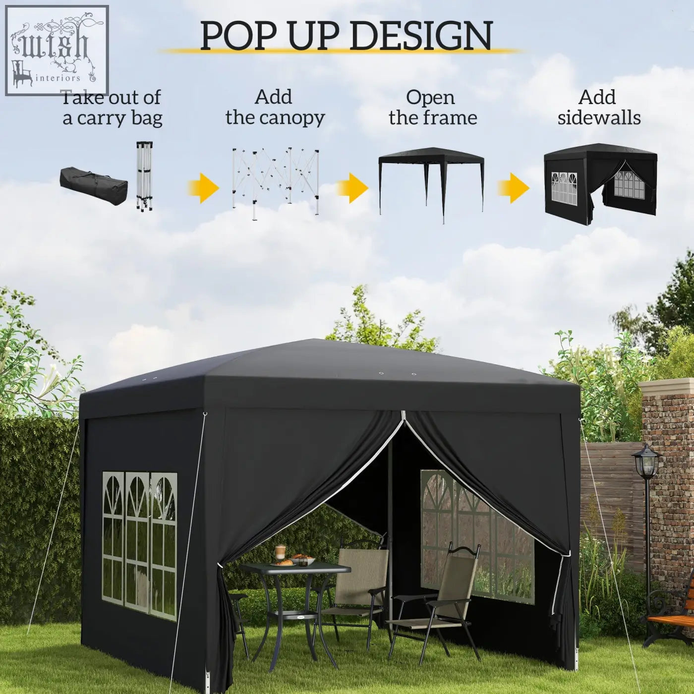 Black outsunny 3x3m pop up gazebo with window side walls and powder coated steel frame for outdoor use