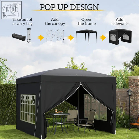 Black outsunny 3x3m pop up gazebo with window side walls and powder coated steel frame for outdoor use
