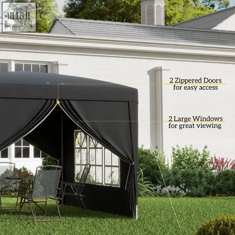 Black outsunny 3 x 3m pop up gazebo with zipped doors and large windows featuring a powder coated steel frame