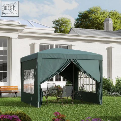 Dark green Outsunny 3x3m pop up gazebo with powder-coated steel frame, fabric sides, peaked roof on grass in front of house