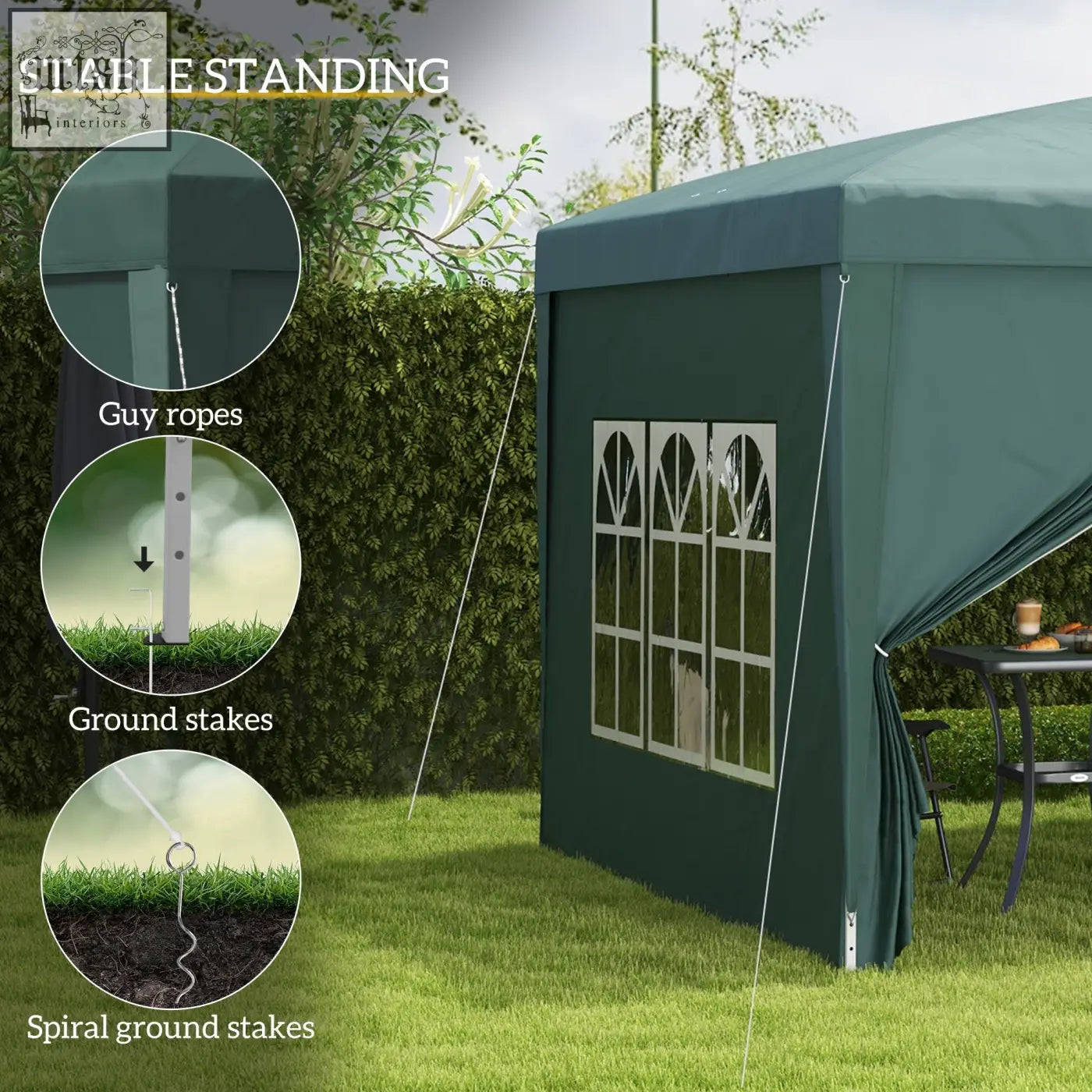 Dark green outsunny 3 x 3m pop up gazebo with arched window panels and powder-coated steel frame for stable standing