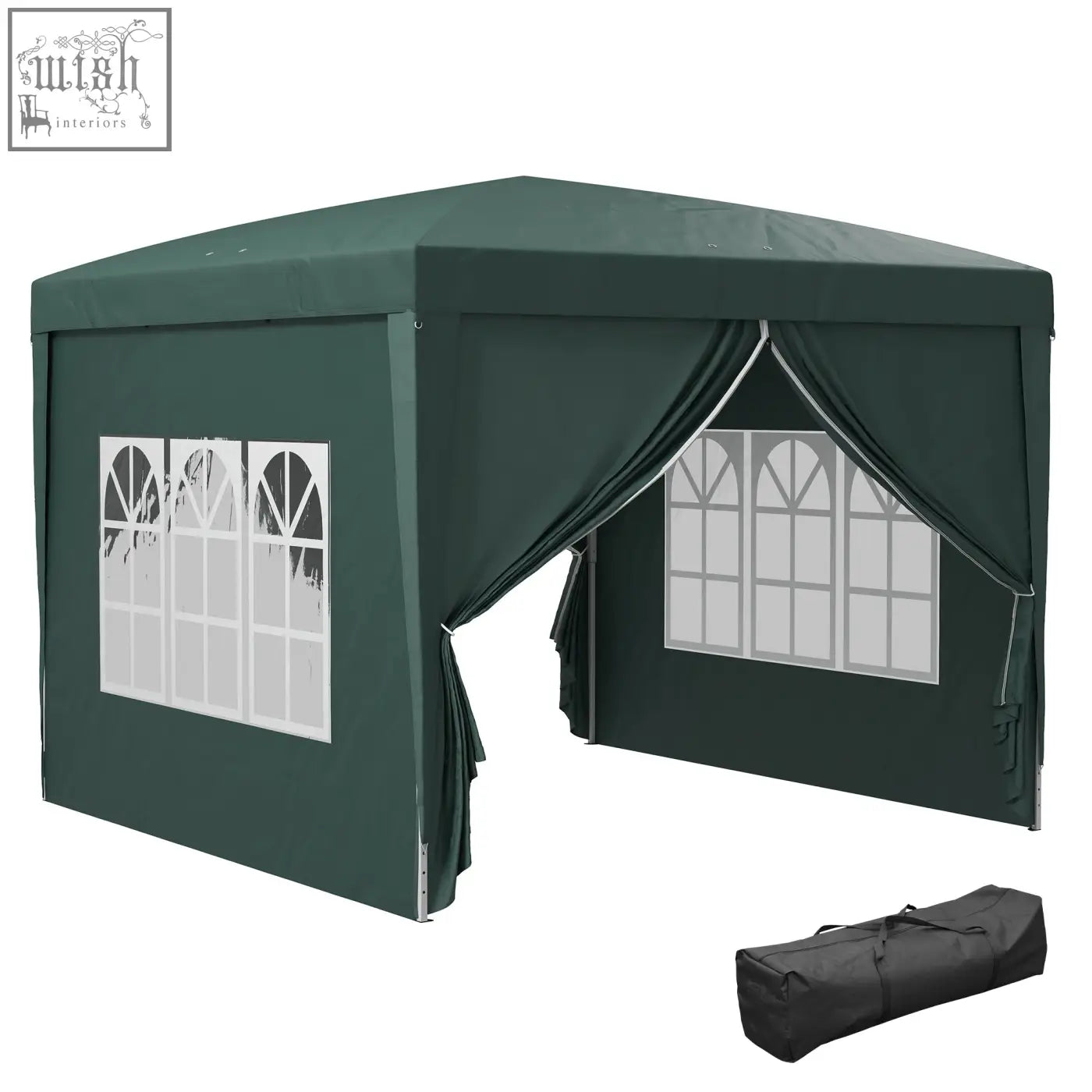Dark green outsunny 3x3m pop up gazebo with arched windows and powder-coated steel frame with carry bag