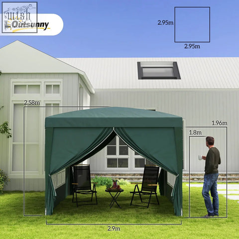 Dark green outsunny 3 x 3m pop up gazebo with peaked roof, side panels, and powder-coated steel frame for weddings