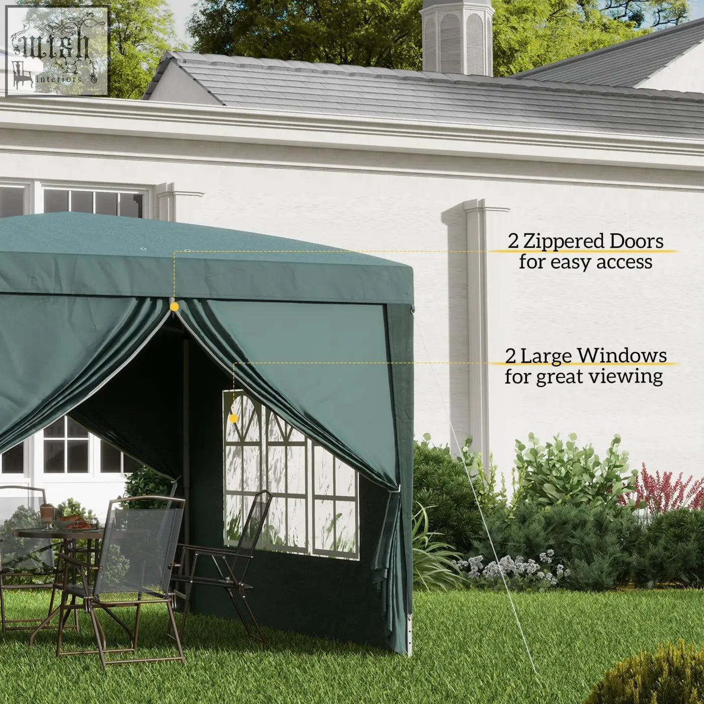 Dark green outsunny 3x3m pop up gazebo with zipper doors and large windows, powder-coated steel frame for weddings