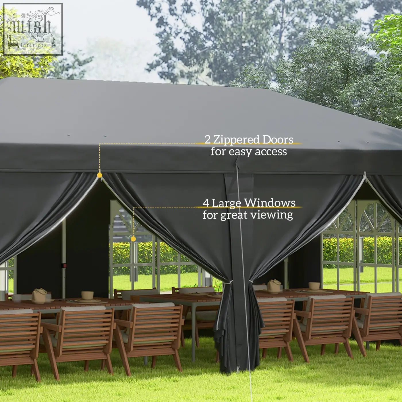 Black outsunny 3 x 6 m pop up gazebo with zippered doors, large windows, six guy ropes, ground stakes, and carry bag