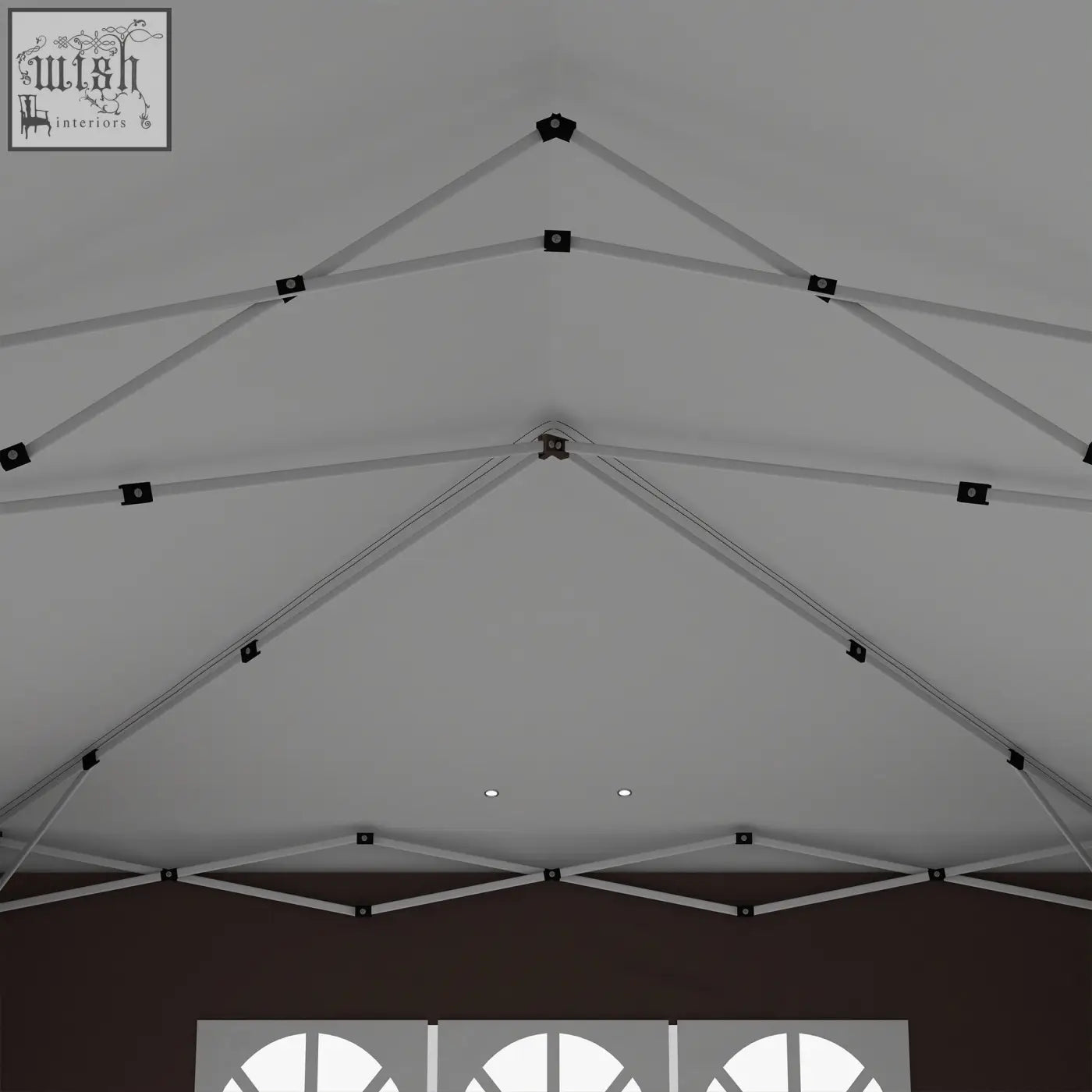 White canopy tent with silver steel frame and black connectors featuring carry bag and ground stakes for outdoor events