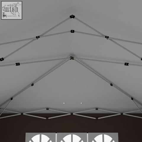 White canopy tent with silver steel frame and black connectors featuring carry bag and ground stakes for outdoor events