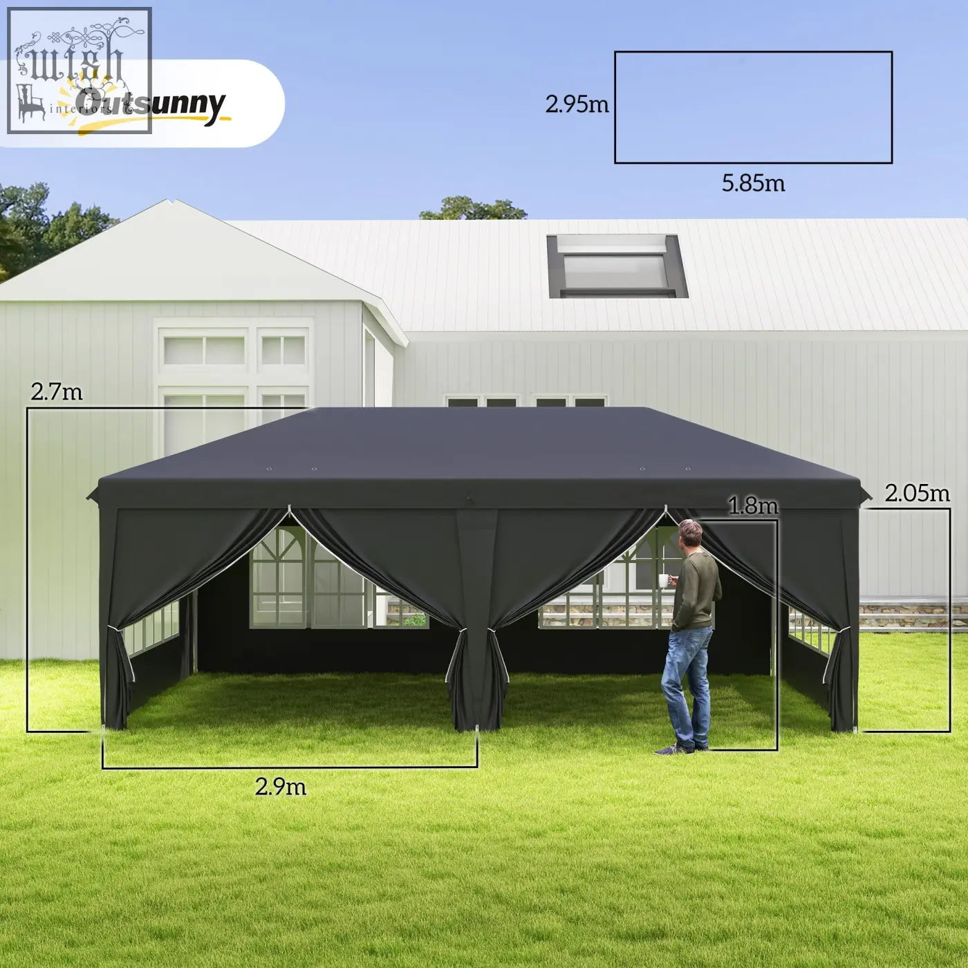 Black outsunny 3 x 6 m pop up gazebo with draped side panels height adjustable with carry bag ground stakes and six guy ropes