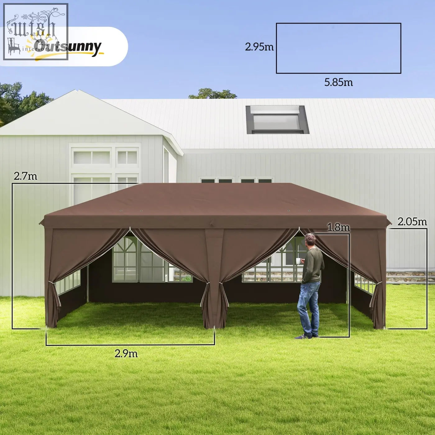 Brown outsunny 3 x 6 m pop up gazebo with steel frame, ground stakes, carry bag on grassy lawn with dimensions displayed