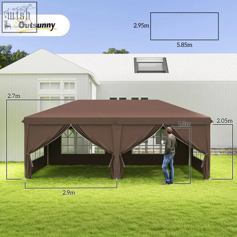 Brown outsunny 3 x 6 m pop up gazebo with steel frame, ground stakes, carry bag on grassy lawn with dimensions displayed