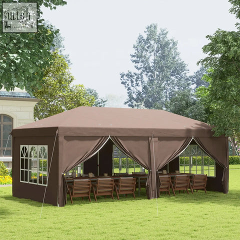 Brown outsunny 3 x 6 m pop up gazebo with fabric curtains, window panels, carry bag, ground stakes, and guy ropes for events