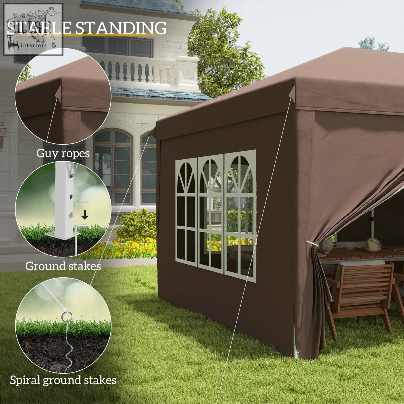 Brown outsunny 3 x 6 m pop up gazebo with steel frame, arched window panels, ground stakes, and carry bag for events