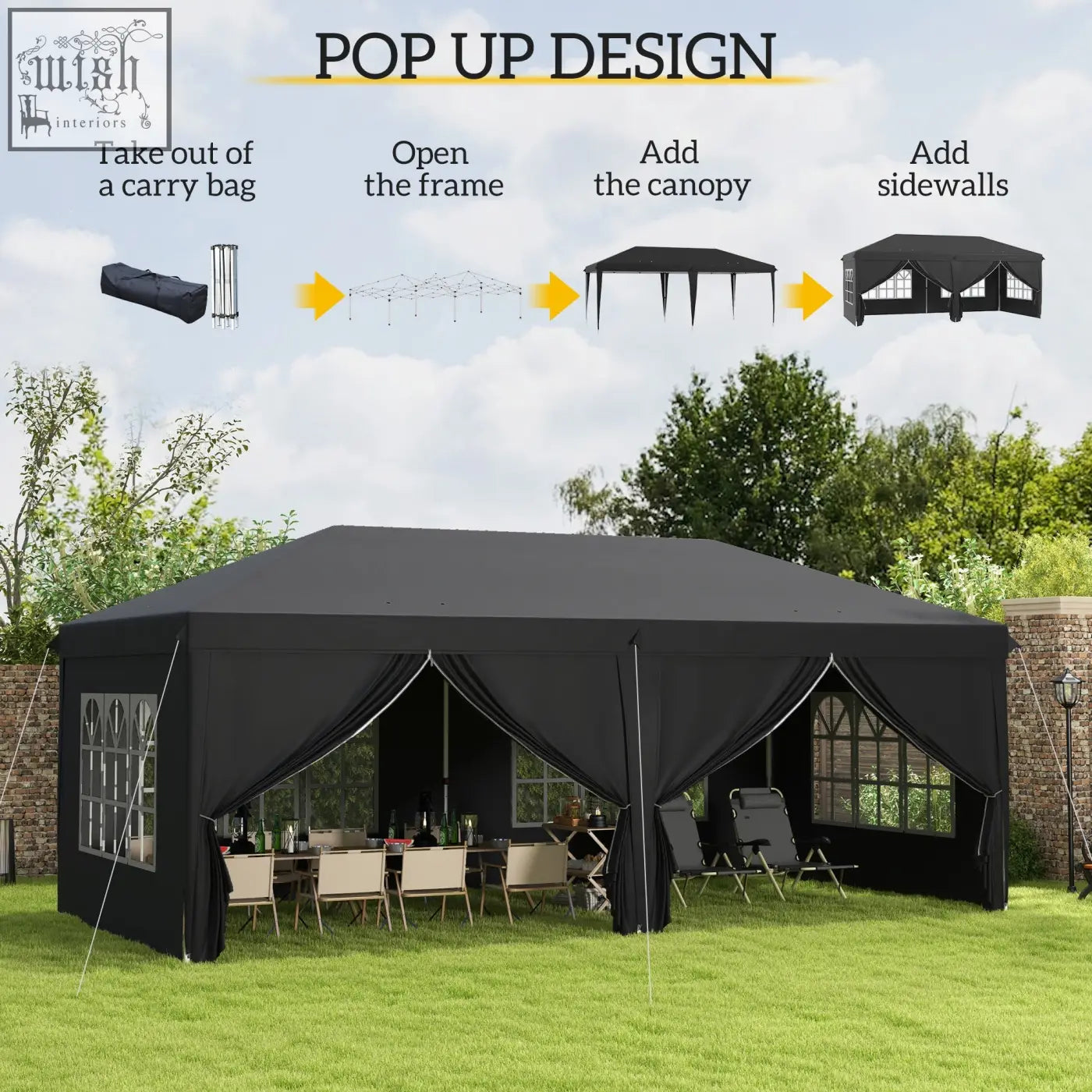 Black pop up gazebo with fabric canopy and side walls includes carry bag ground stakes and six guy ropes for easy setup