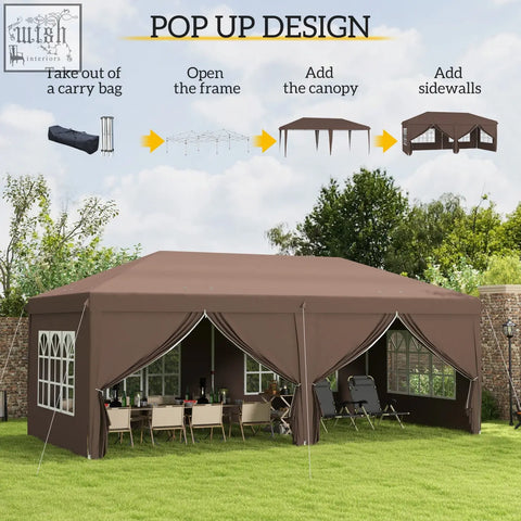 Brown outsunny 3 x 6 m pop up gazebo with steel frame canopy, side walls with white window panels, ground stakes, and carry bag