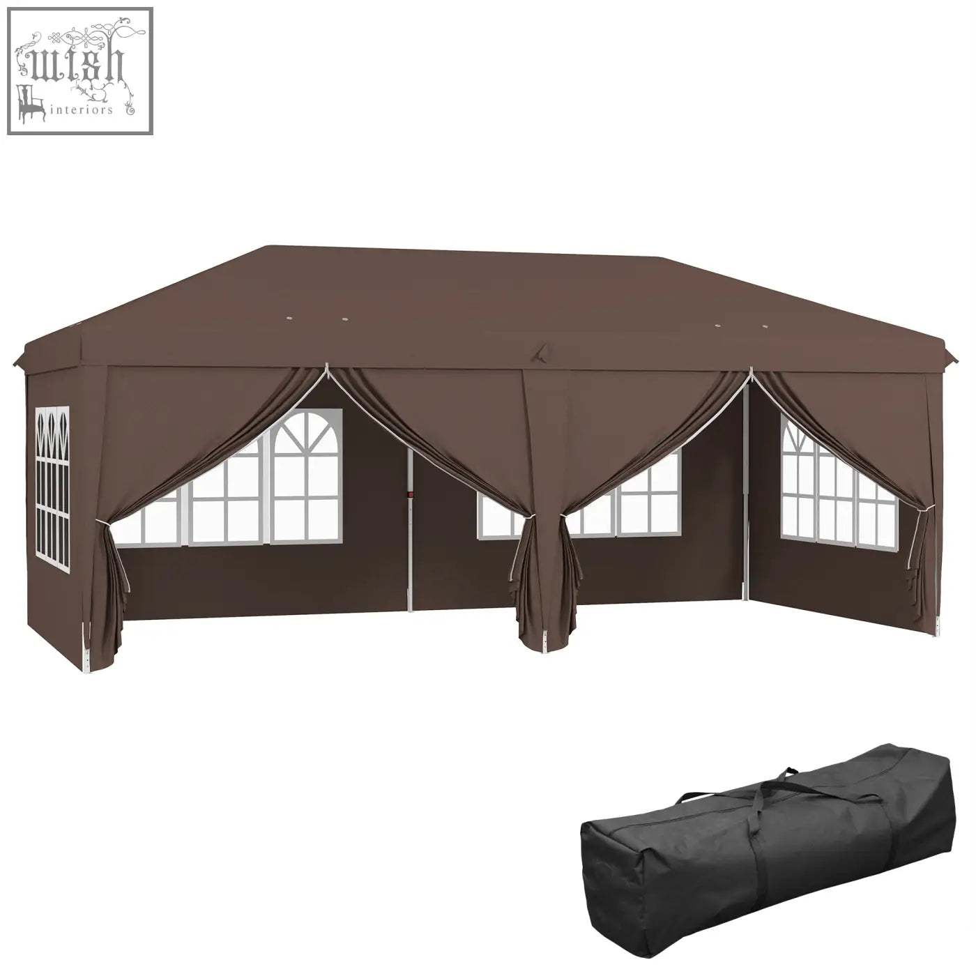 Brown outsunny 3 x 6 m pop up gazebo with window panels, matching curtains, carry bag, ground stakes, and guy ropes