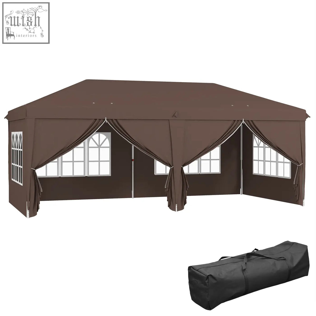 Brown outsunny 3 x 6 m pop up gazebo with window panels, matching curtains, carry bag, ground stakes, and guy ropes