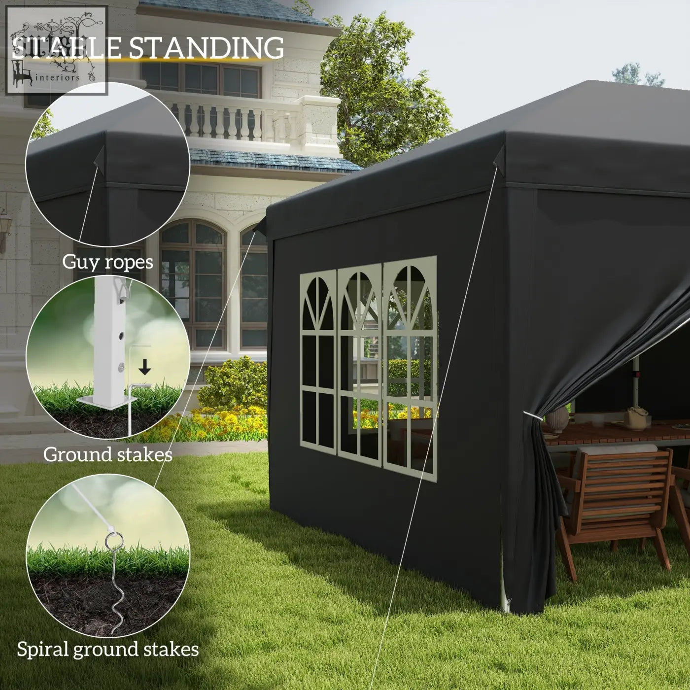 Black outsunny 3 x 6 m pop up gazebo with arched window panels six guy ropes ground stakes and carry bag for events