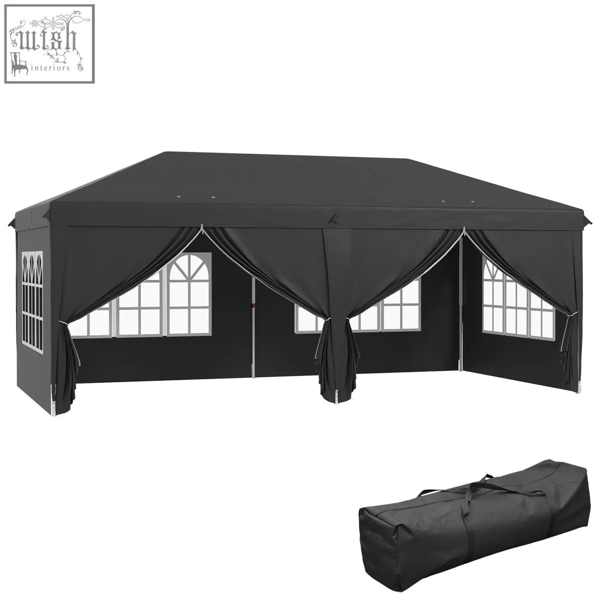 Black outsunny 3 x 6 m pop up gazebo with window panels, carry bag, six guy ropes, and ground stakes for garden events