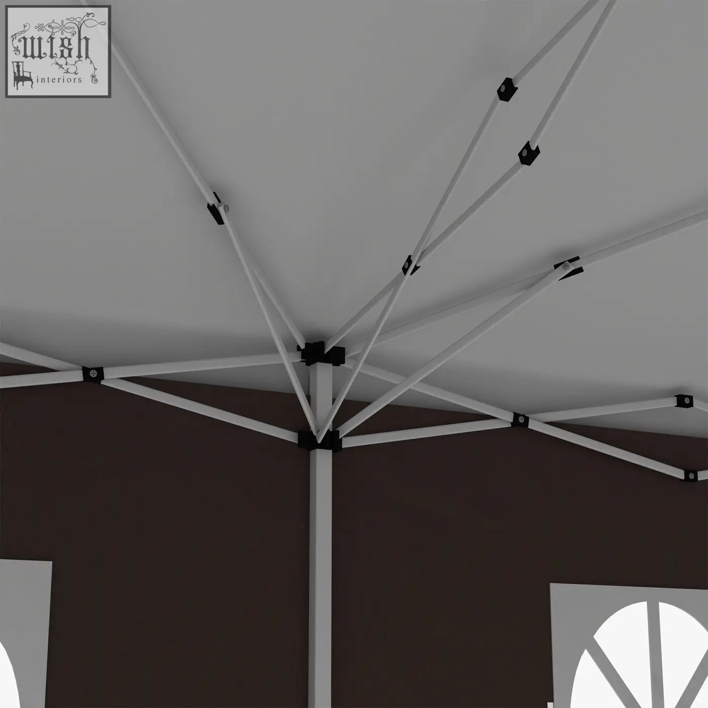 White metal steel frame with black connectors supporting an outsunny brown pop up gazebo canopy with carry bag