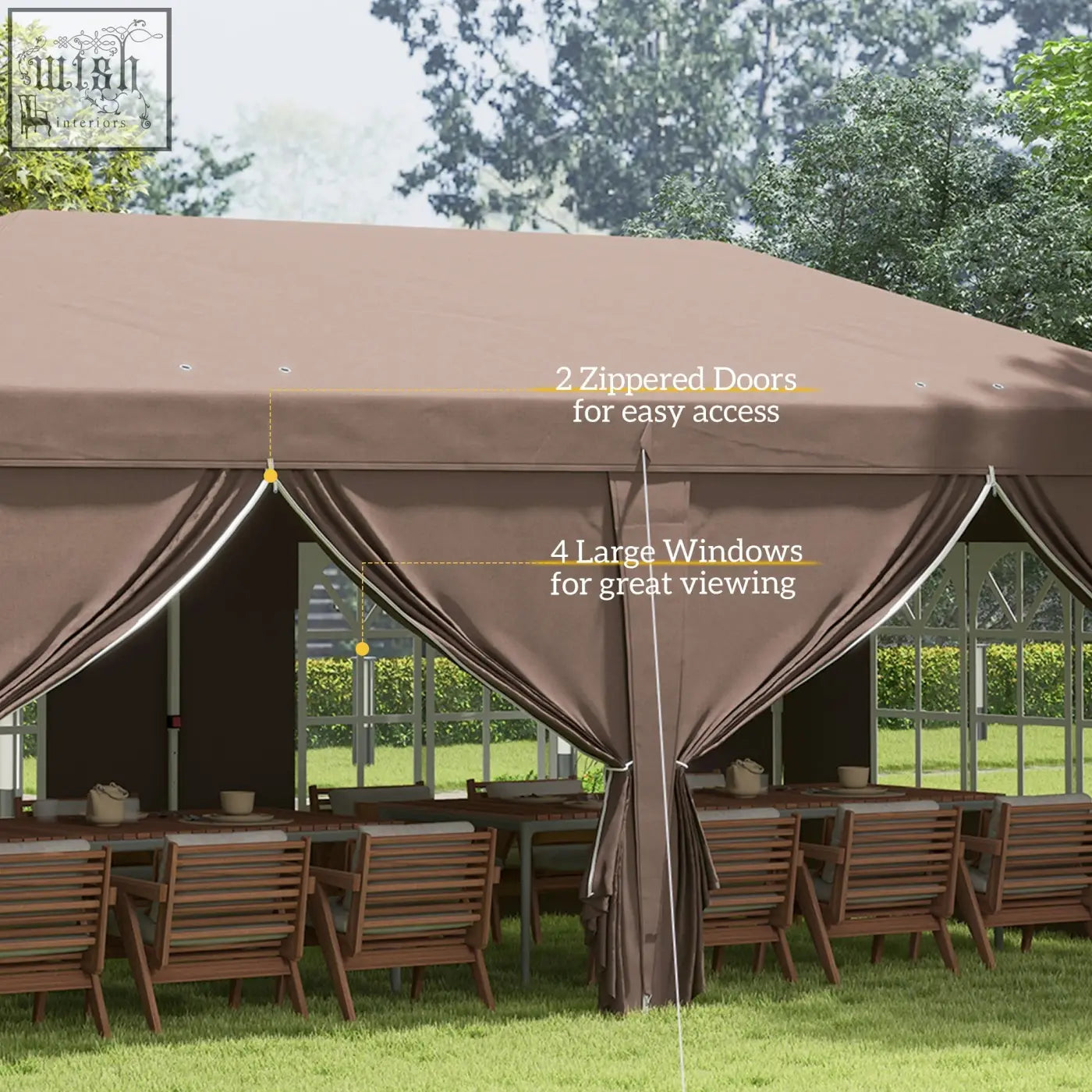 Brown outsunny 3 x 6 m pop up gazebo with zippered doors, large windows, carry bag, ground stakes, and guy ropes for events