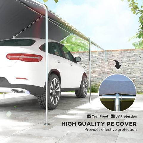 Silver metal frame carport with dark gray tear-proof pe cover uv protection galvanized steel and ground stakes
