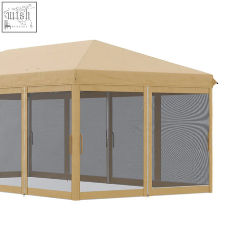 Beige outsunny 3 x 6m pop up gazebo with wooden frame mesh curtains and carry bag for outdoor shelter