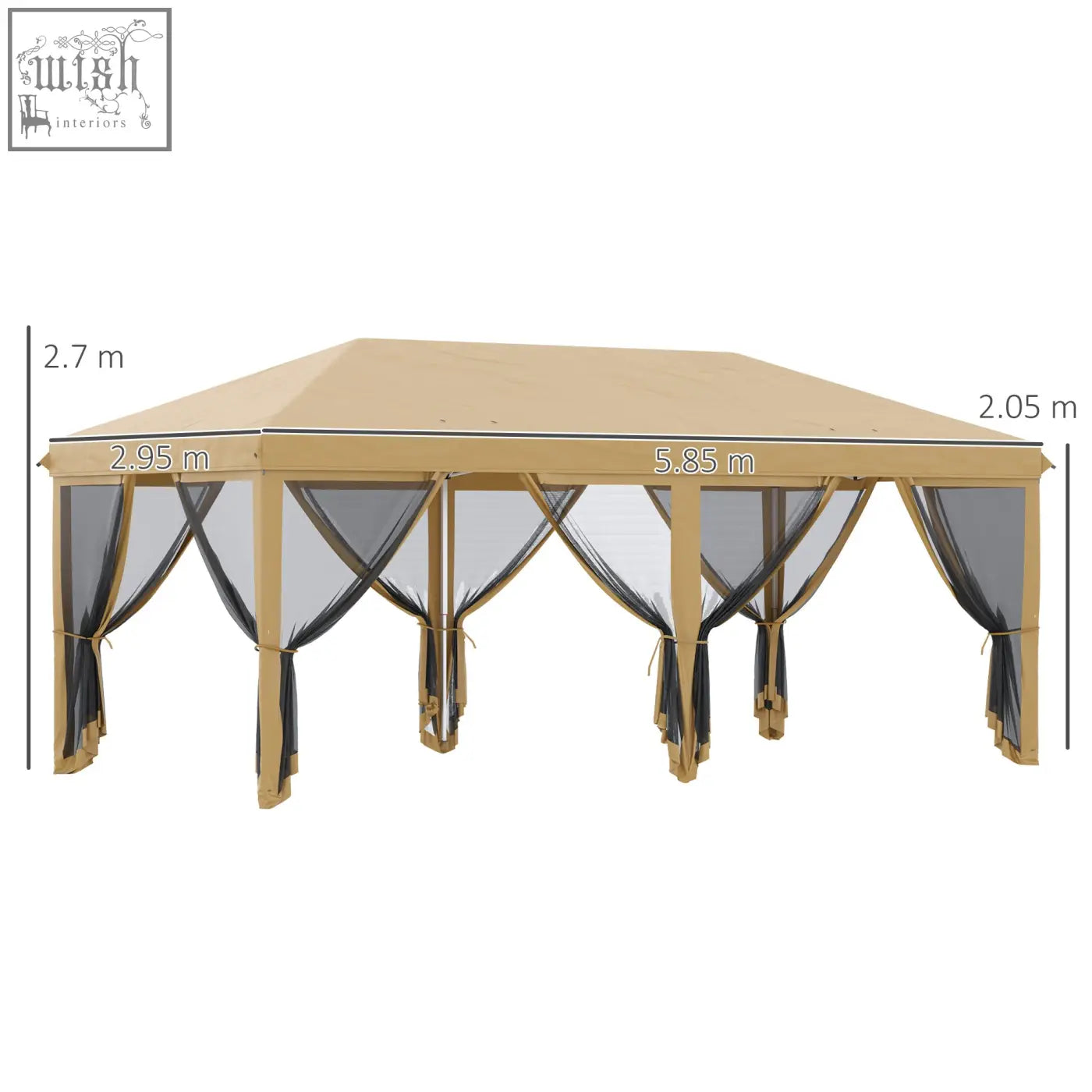 Beige and black outsunny 3 x 6m pop up gazebo with mesh curtains tied back metal frame and carry bag included