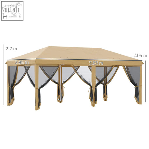 Beige and black outsunny 3 x 6m pop up gazebo with mesh curtains tied back metal frame and carry bag included