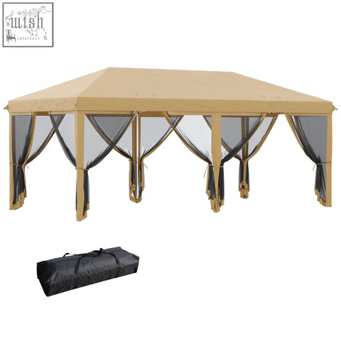 Beige outsunny 3 x 6m pop up gazebo with black mesh curtains and matching poles shown with black carry bag