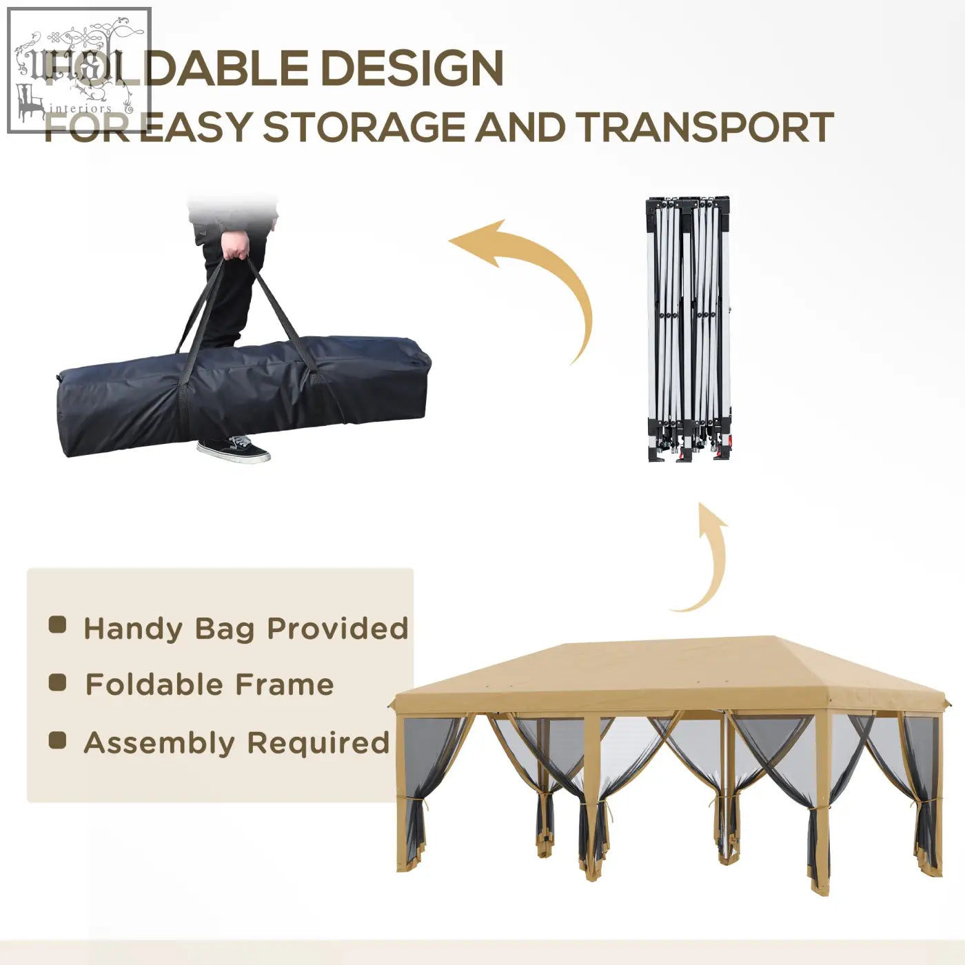 Beige outsunny 3 x 6m pop up gazebo with black mesh curtains, foldable design, and included carry bag for easy transport