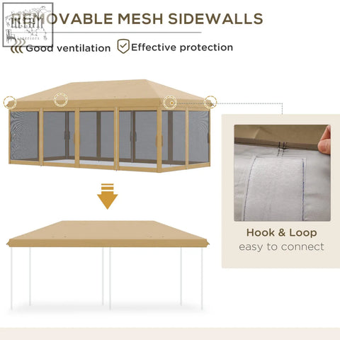 Beige outsunny 3 x 6m pop up gazebo with removable mesh curtains hook and loop fastening and carry bag