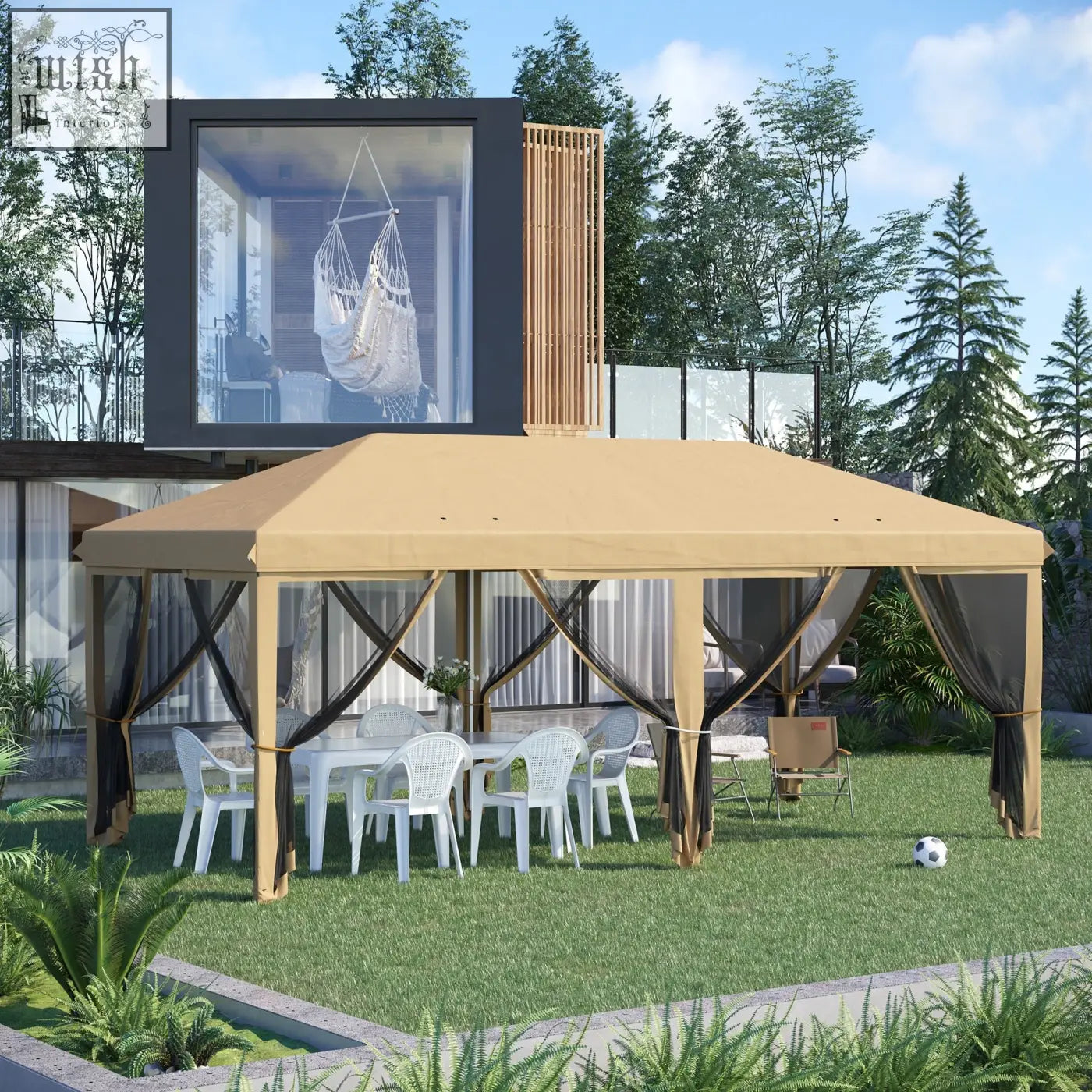 Beige outsunny 3 x 6m pop up gazebo with wooden frame dark brown mesh curtains and carry bag for outdoor use