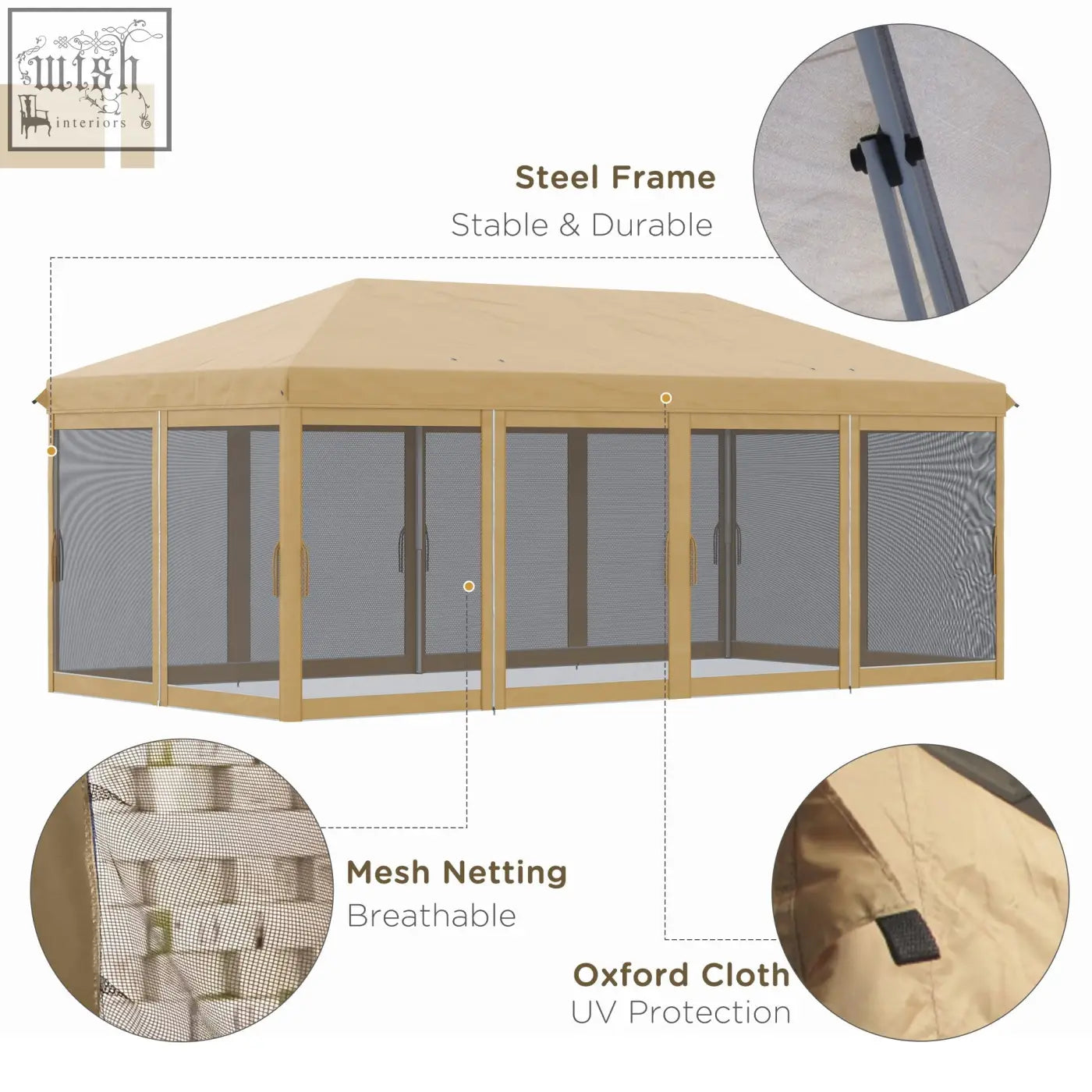 Beige outsunny 3 x 6m pop up gazebo with steel frame mesh curtains oxford cloth roof and carry bag for uv protection