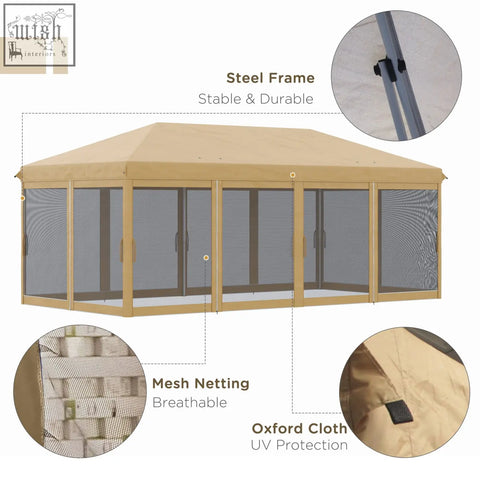 Beige outsunny 3 x 6m pop up gazebo with steel frame mesh curtains oxford cloth roof and carry bag for uv protection