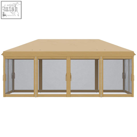 Beige outsunny 3 x 6m pop up gazebo with wooden frame mesh curtains and carry bag for outdoor parties