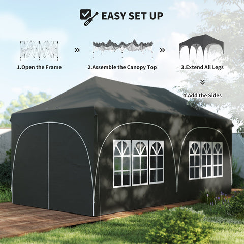 Black 210d oxford Outsunny party tent with arched windows white trim pop-up design for garden and events