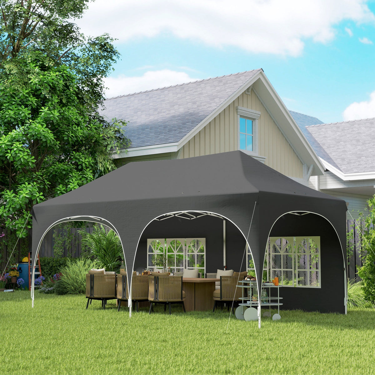 Black canopy pop-up party tent with white metal frame arched entryways made of durable 210d oxford fabric