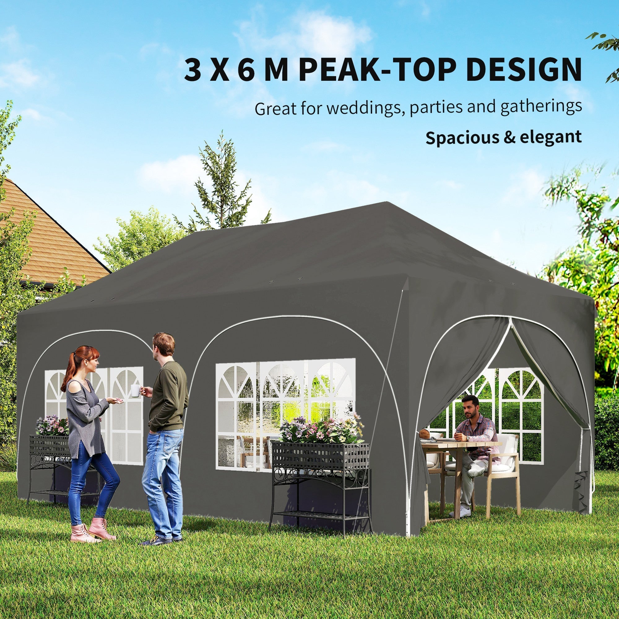 Dark gray outsunny 3x6m peak-top party tent with 210d oxford fabric and white-trimmed windows pop-up design