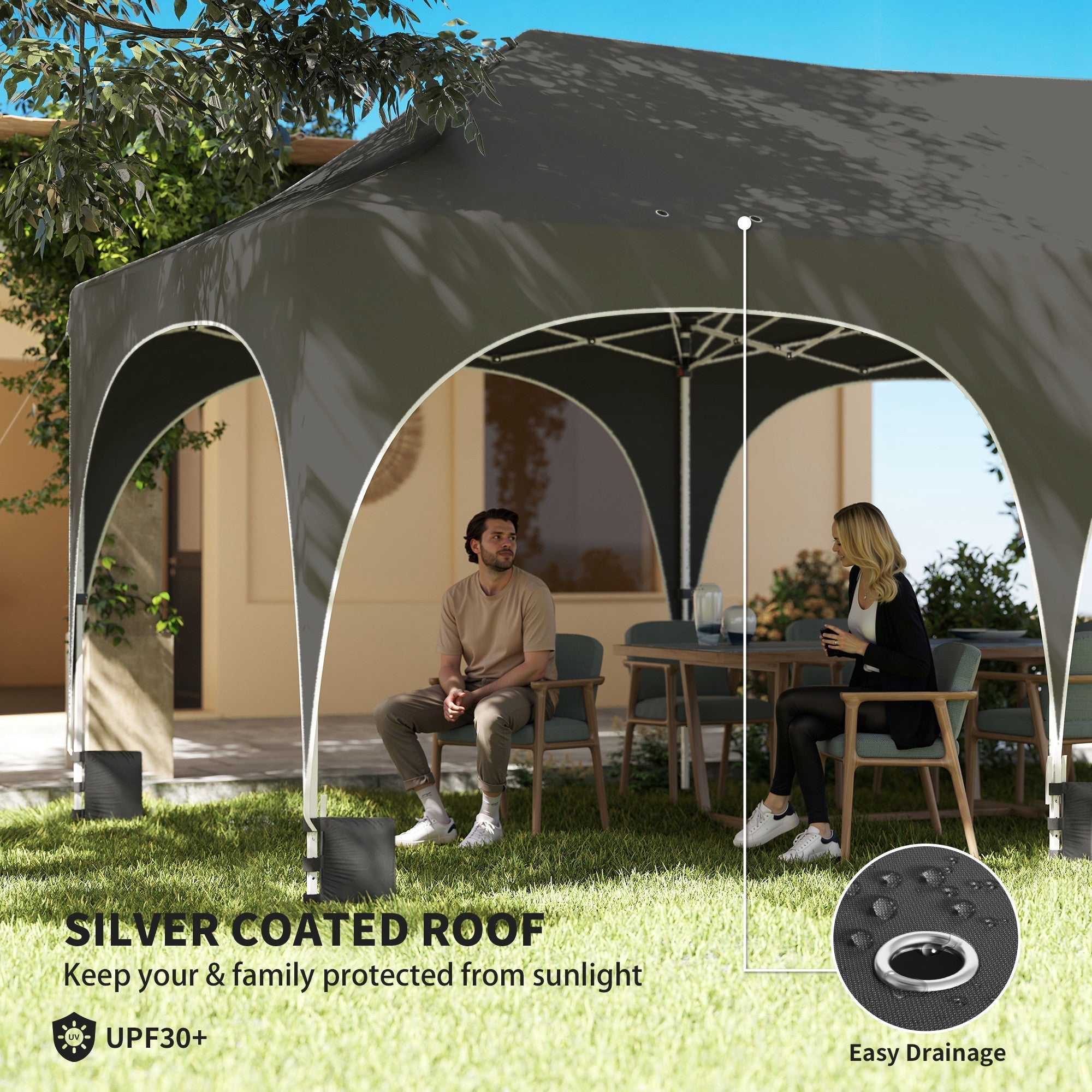 A dark grey outsunny 3 x 6m party tent with waterproof 210d oxford canopy and pop-up design for easy setup