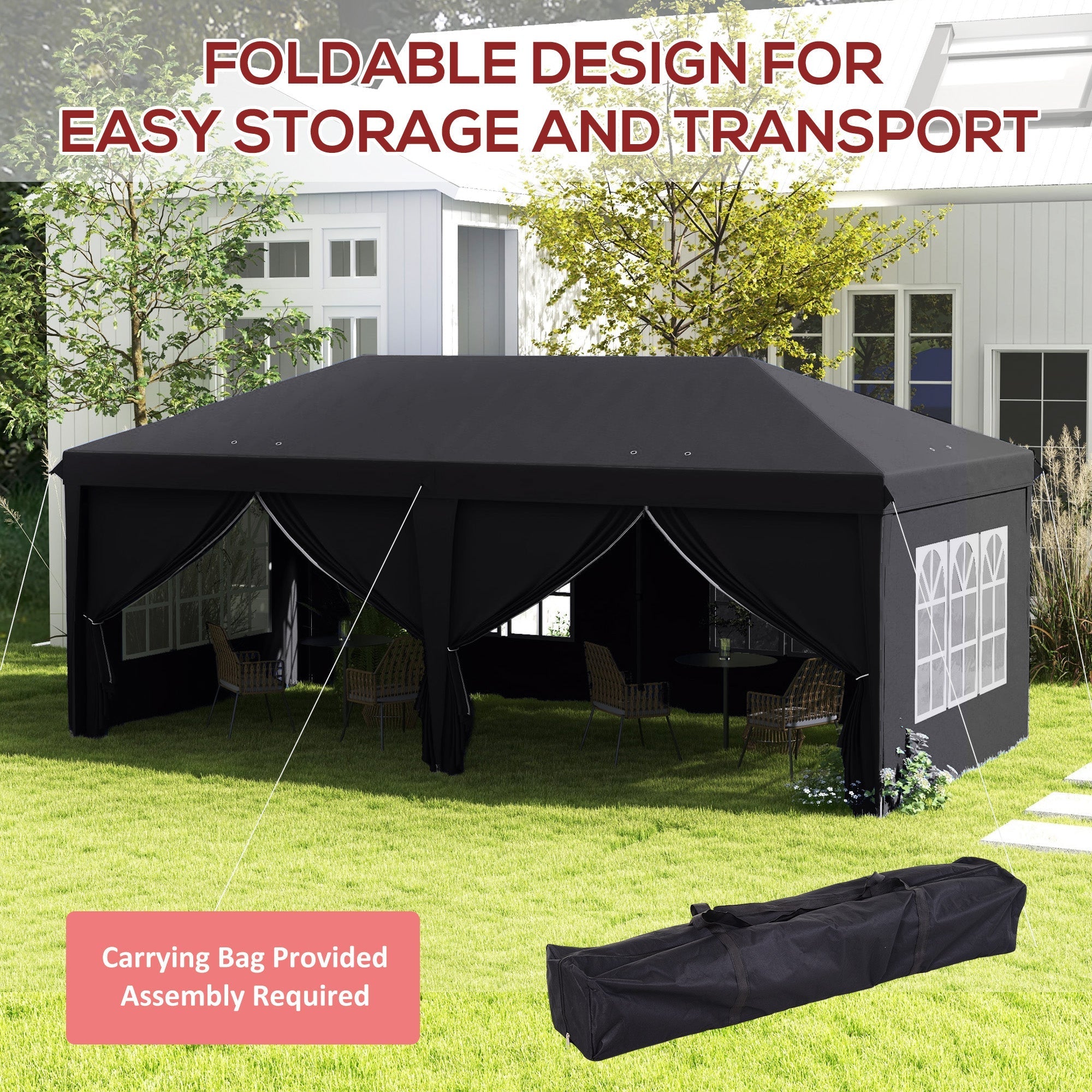 Black foldable outsunny 3 x 6m pop-up gazebo with curtain walls, window panels, carry bag, ground stakes, and six guy ropes