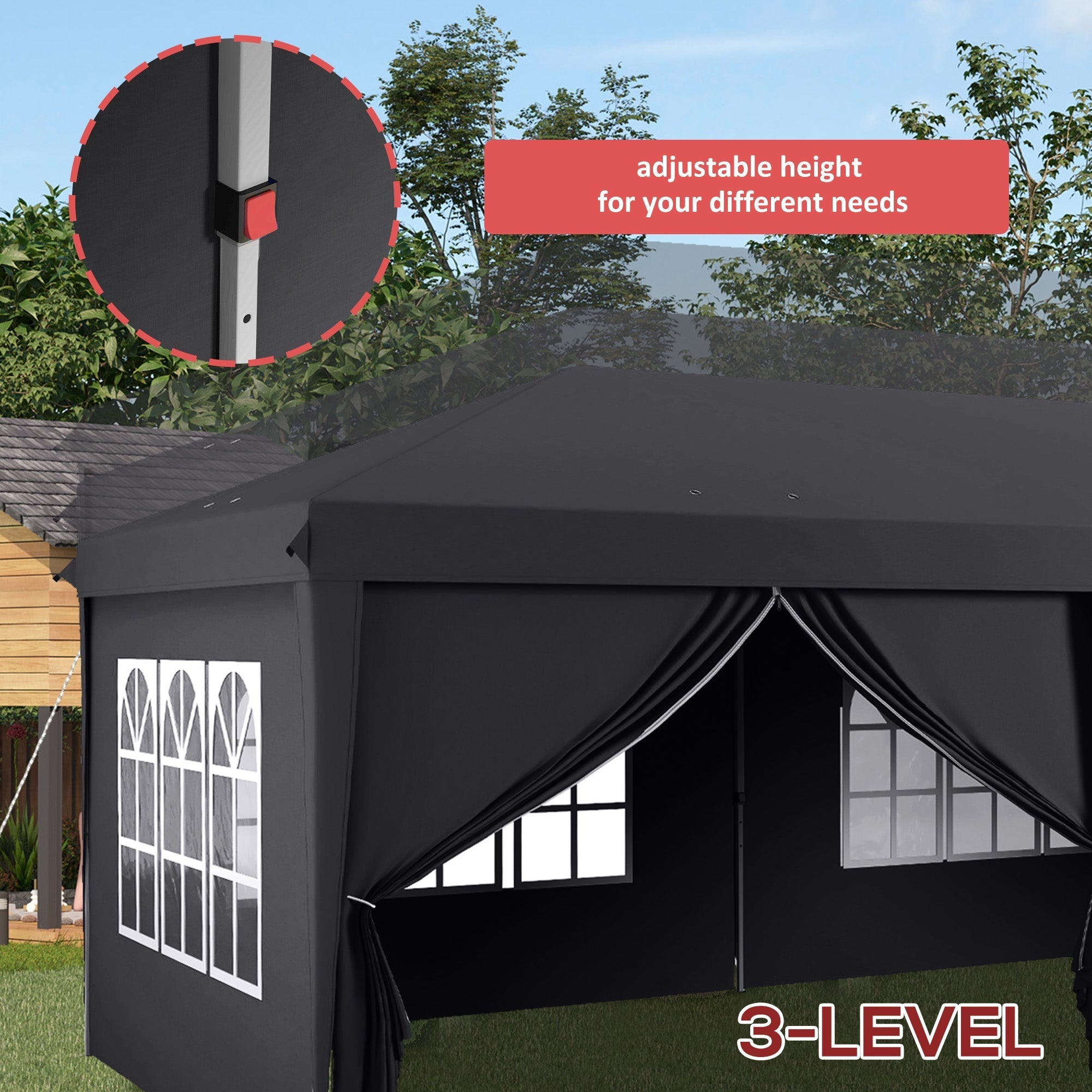 Black 3-level pop-up gazebo with adjustable height and window side panels includes carry bag ground stakes and six guy ropes