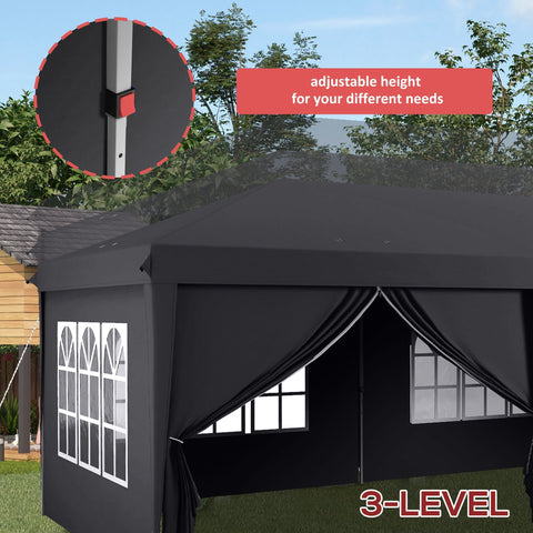 Black 3-level pop-up gazebo with adjustable height and window side panels includes carry bag ground stakes and six guy ropes