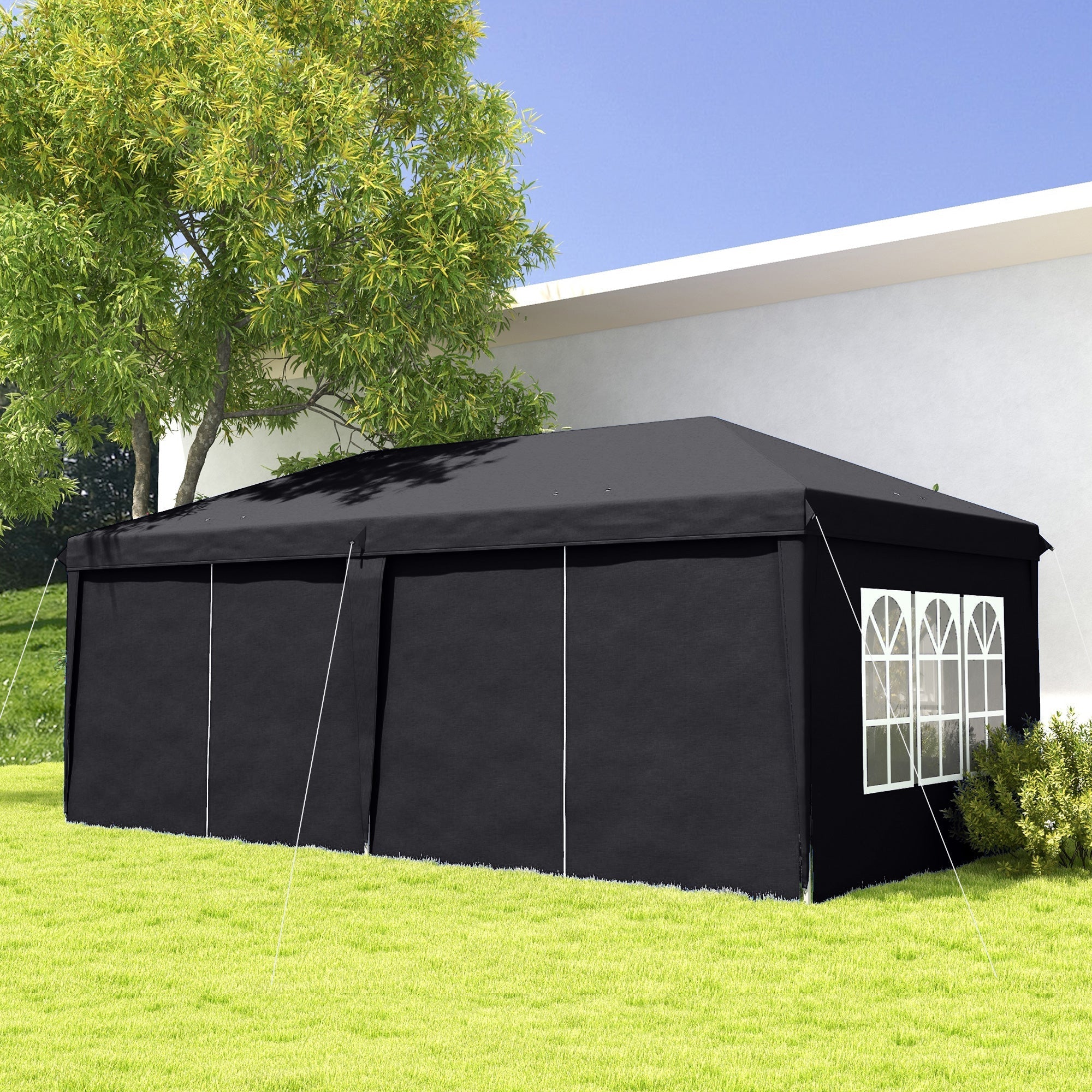 Outsunny 3 x 6m grey pop-up gazebo with black frame white arched window panels side walls carry bag ground stakes six guy ropes