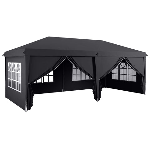 Black outsunny 3 x 6m pop-up gazebo with decorative window panels grey fabric curtains carry bag ground stakes six guy ropes