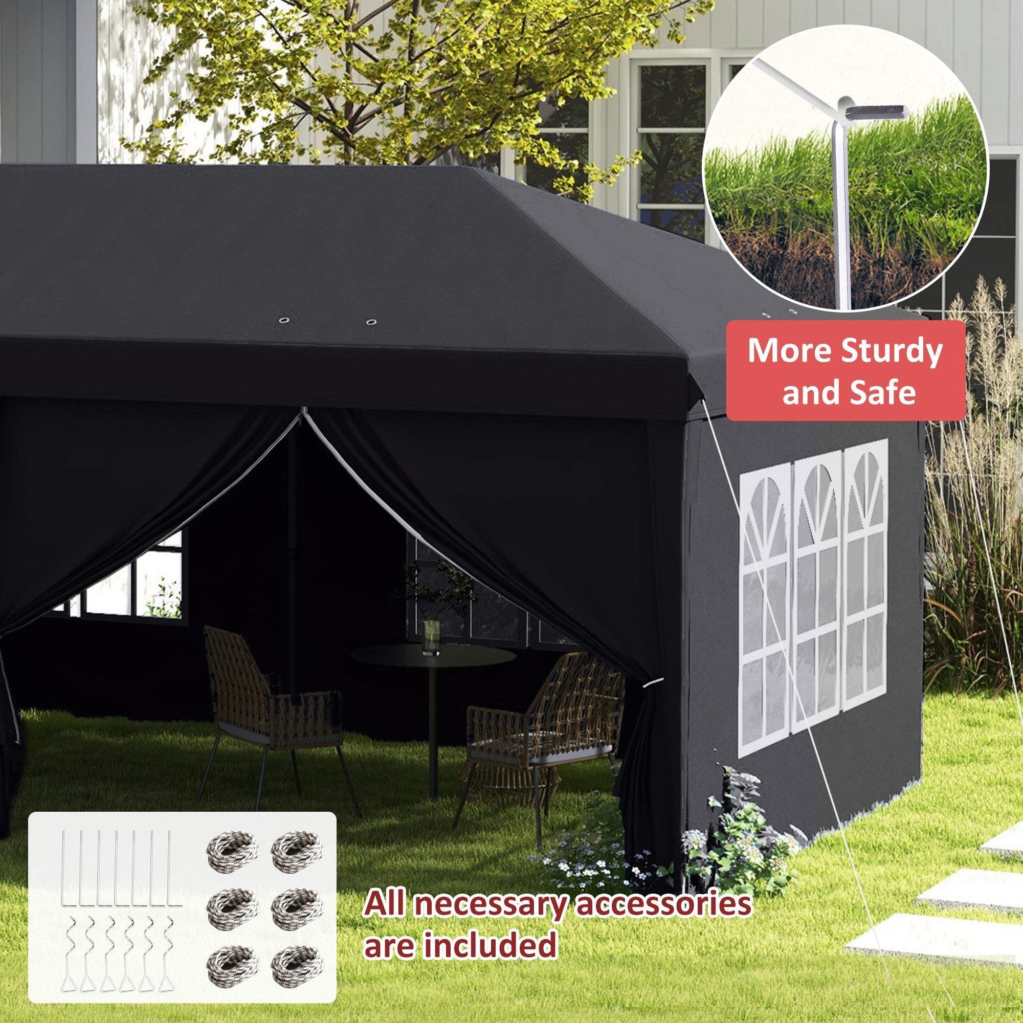 Outsunny 3 x 6m black pop-up gazebo with white window panels curtain walls carry bag ground stakes and six guy ropes