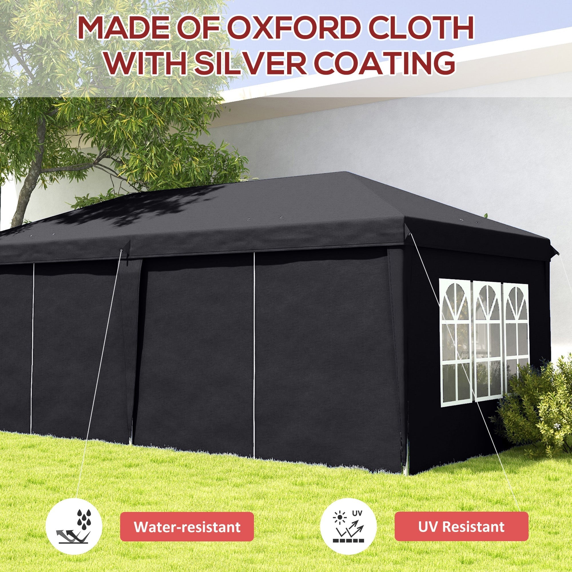 Outsunny 3 x 6m black outdoor oxford cloth gazebo with silver coating includes curtain walls windows carry bag ground stakes six guy ropes