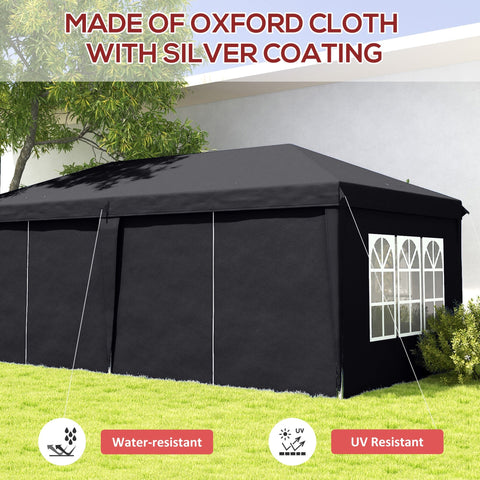 Outsunny 3 x 6m black outdoor oxford cloth gazebo with silver coating includes curtain walls windows carry bag ground stakes six guy ropes
