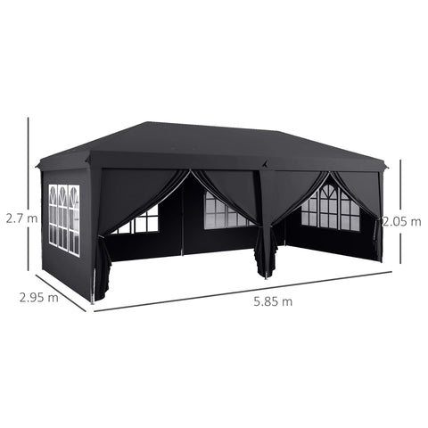Outsunny black 3 x 6m pop-up gazebo with window panels, draped side curtains, carry bag, ground stakes, and six guy ropes